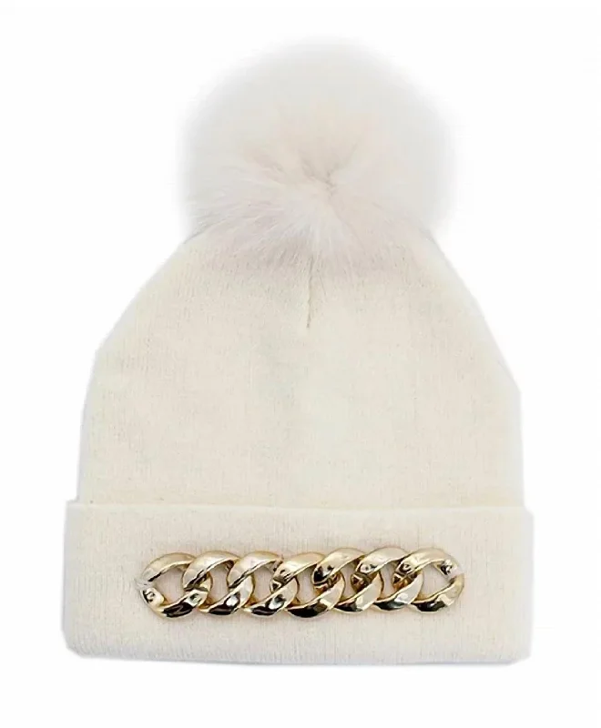 Chain Embellished Knit Hat With Fox Fur Pom - Htra20 In Ivory