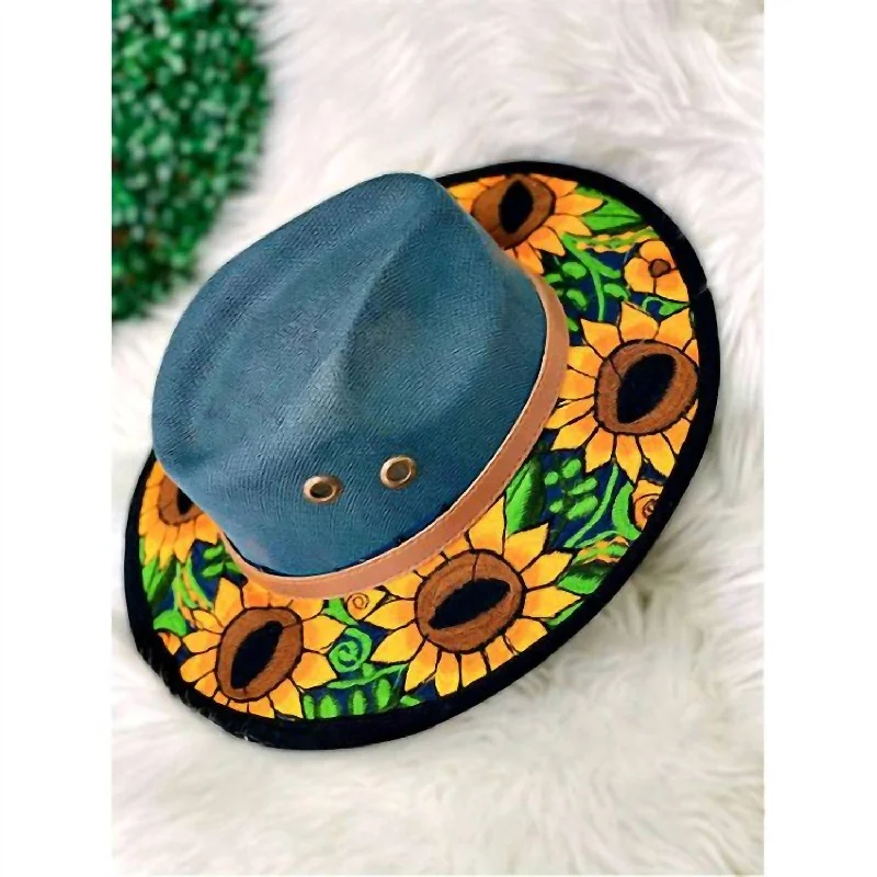 Fedora Style Hat With Embroidered Sunflowers In Blue