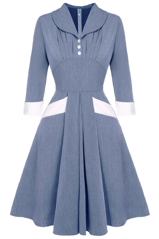 Grey Blue 1950s Swing Dress with Long Sleeves