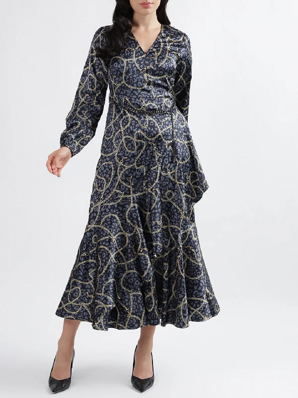 Iconic Women Printed V Neck Full Sleeves Dress