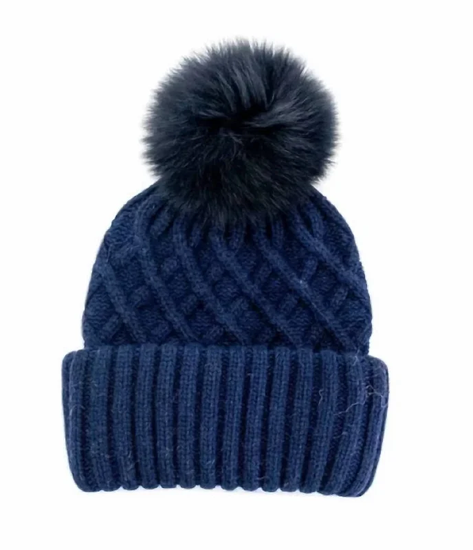 Knit Hat With Fur Pom In Navy