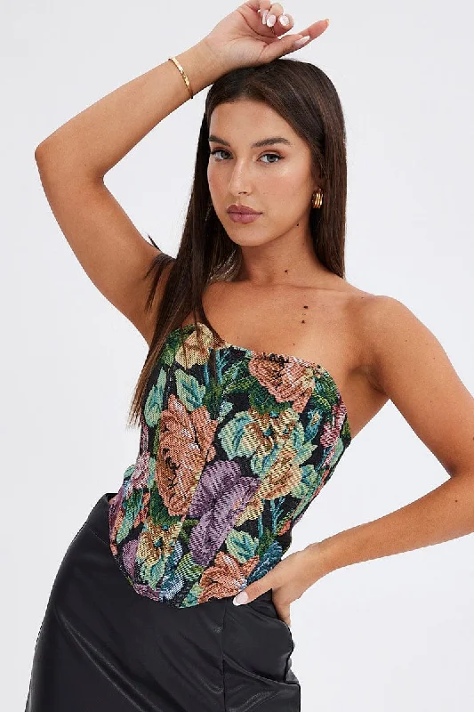 Black Floral Corset Sleeveless Strapless Sweetheart Longline