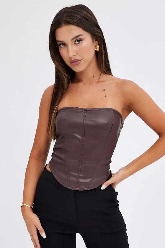 Brown Corset Sleeveless Strapless Longline Faux Leather