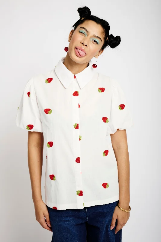 Concealed Front Shirt with Balloon Sleeve in Strawberry