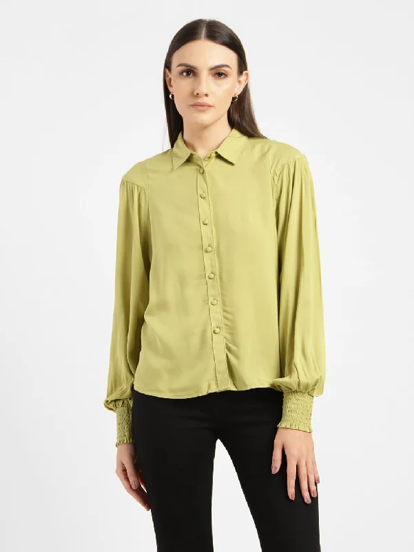 Women's Solid Spread Collar Shirt Green