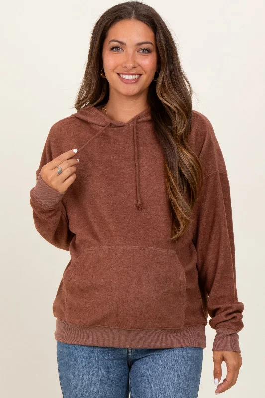 Brown Brushed Knit Oversized Maternity Hoodie