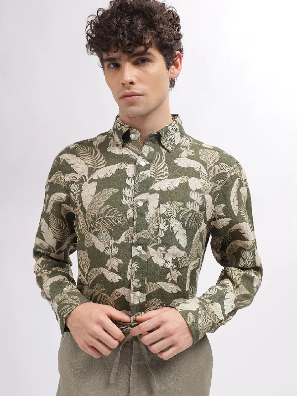 Gant Men Green Printed Button Down Collar Full Sleeves Shirt