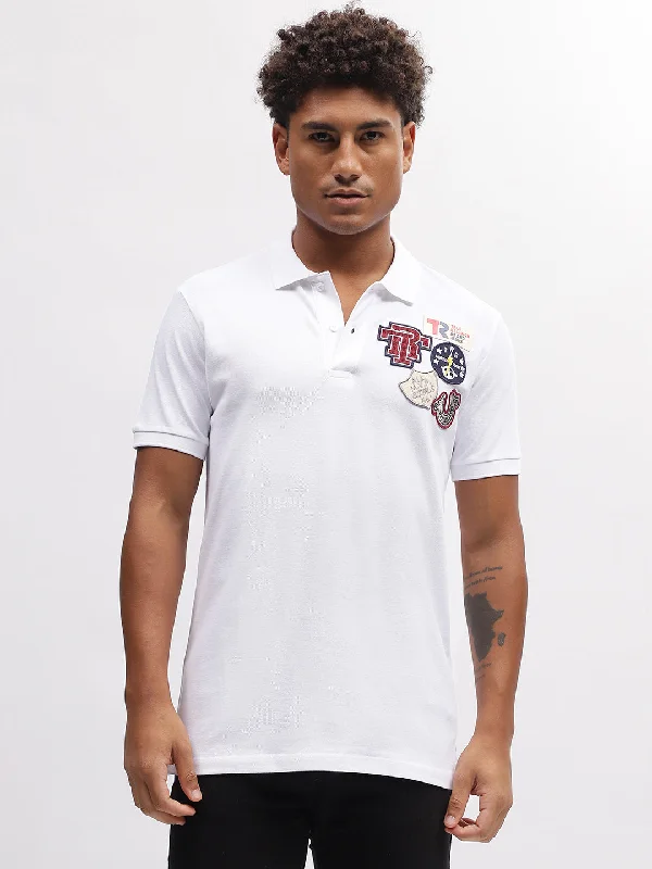 True Religion Men White Solid Polo Collar Short Sleeves T-Shirt