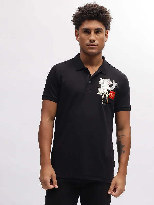 True Religion Men Black Solid Polo Collar Short Sleeves T-Shirt