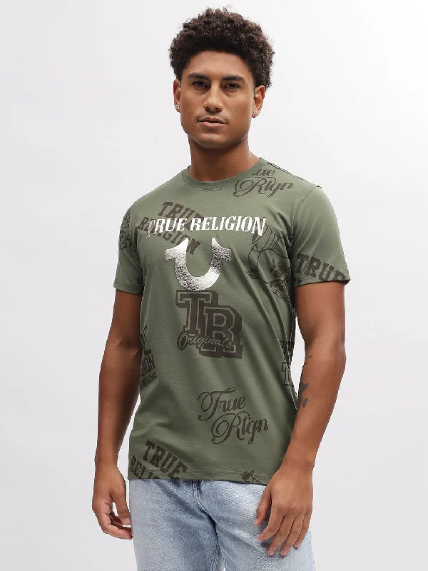 True Religion Men Green Printed Round Neck Short Sleeves T-Shirt