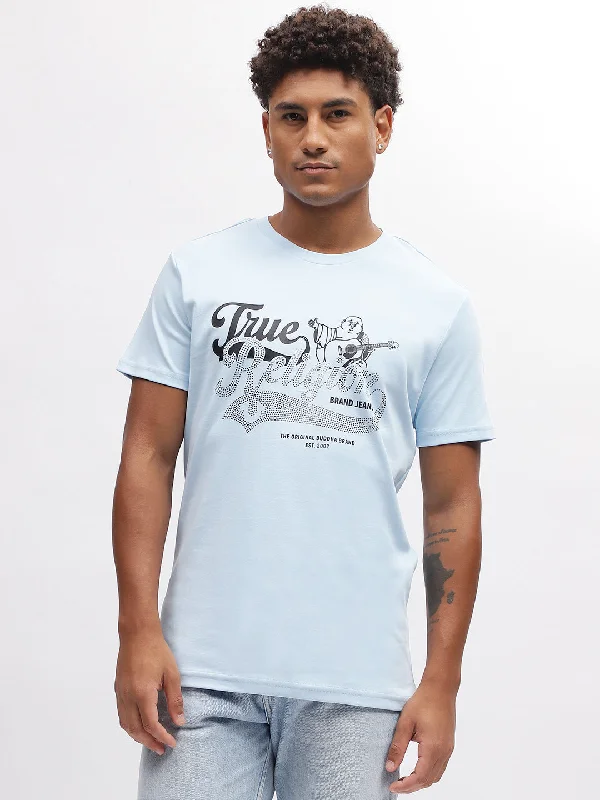 True Religion Men Blue Solid Round Neck Short Sleeves T-Shirt