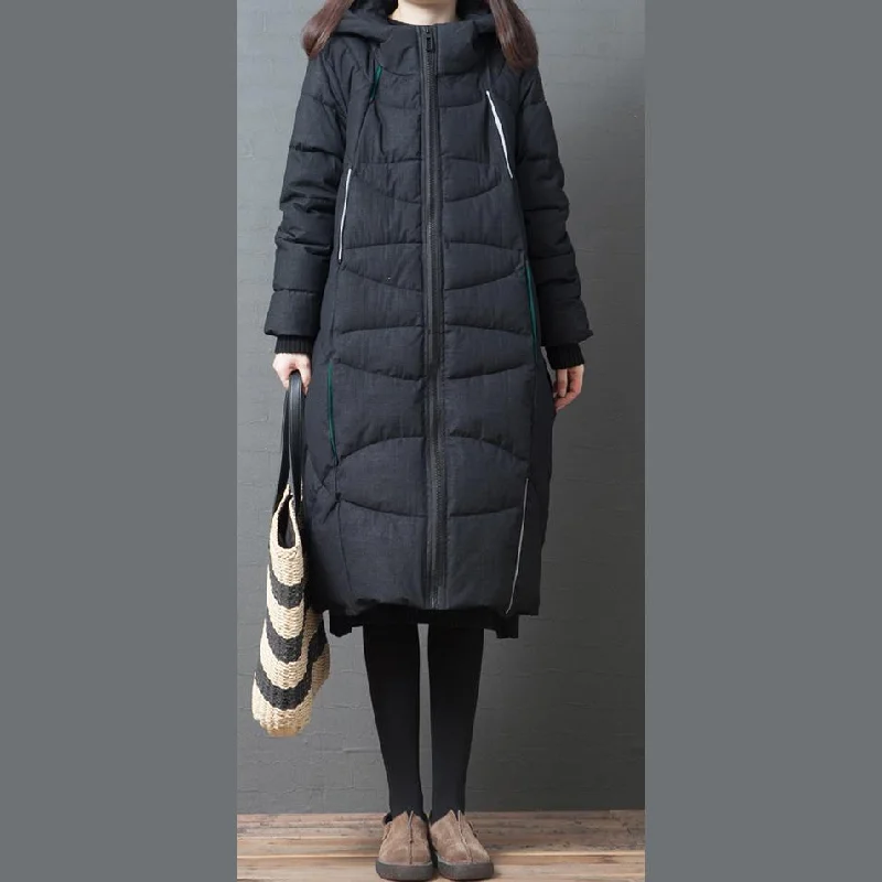 Elegant black winter parkas casual warm hooded zippered overcoat