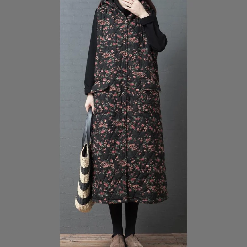 Luxury black print women parka plus size warm winter hooded side open outwear