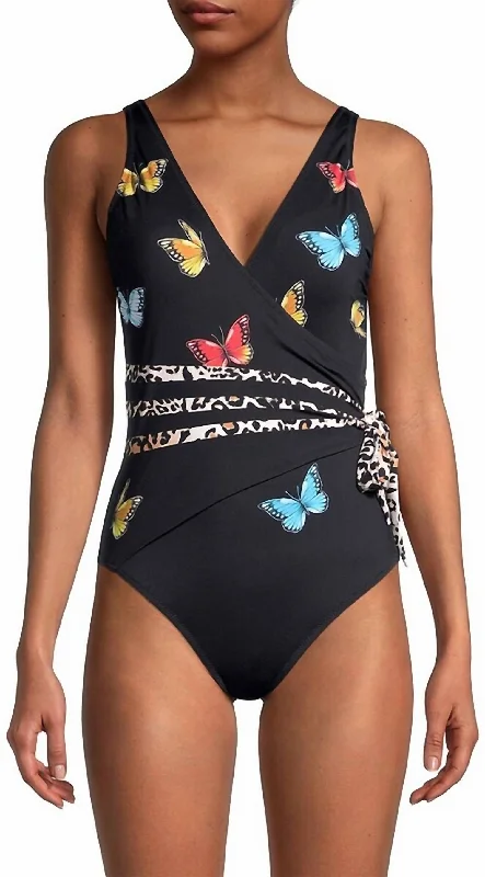 Monarch Butterfly Print Wrap Swimsuit In Multi