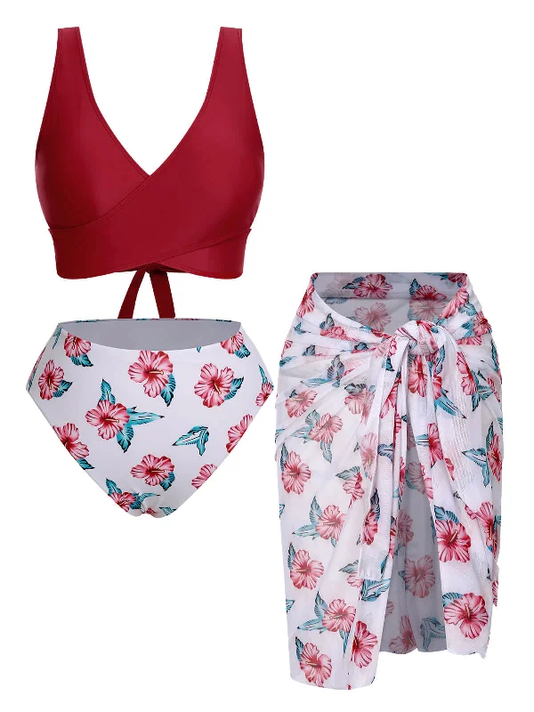 [Plus Size] Wine Red 1930s Floral Bikini Set & Cover-Up