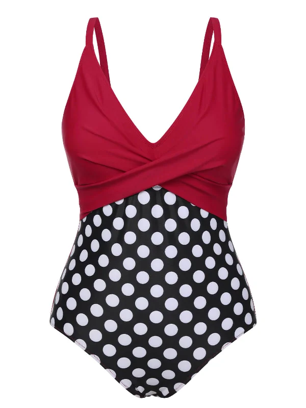 Red 1960s Polka Dot Patchwork Swimsuit