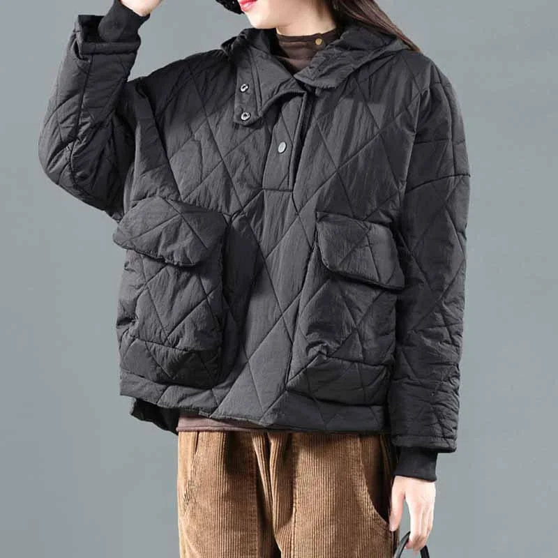 Warm oversized winter coat black hooded zippered women parka