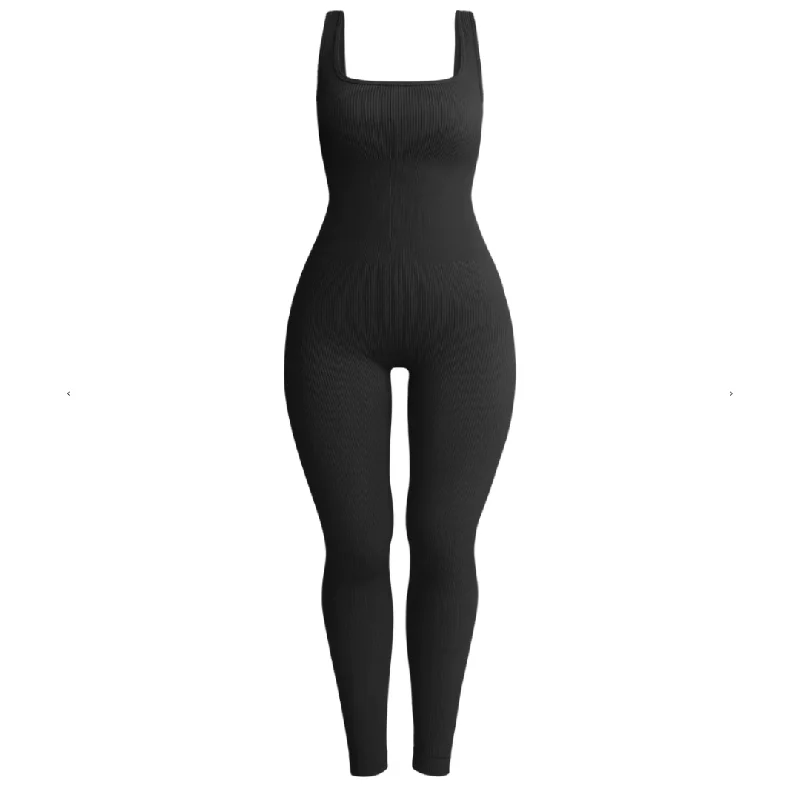 Black Wide Strap Ribbed Sculpting Jumpsuit