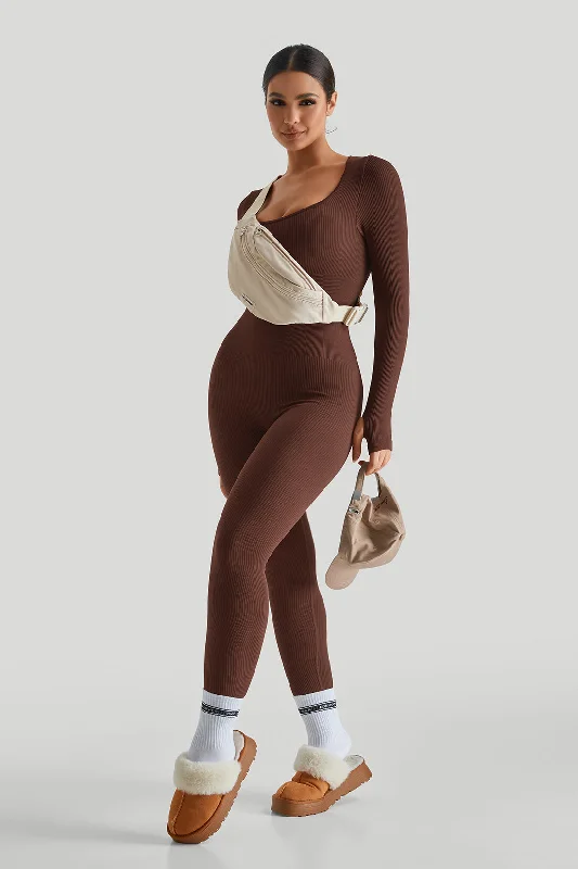 Solid Color Ribbed Long Sleeve Seamless Jumpsuit