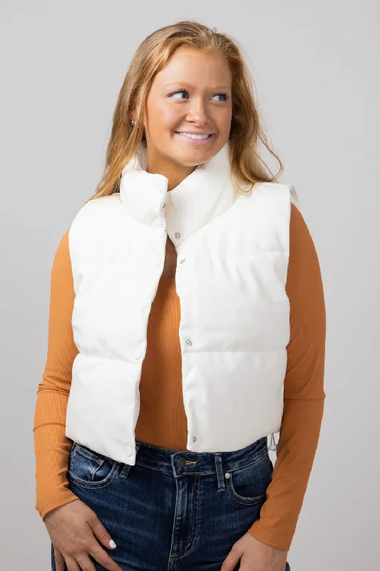 Simply Southern Faux Leather Cropped Puffer Vest for Women in Ivory | PP-0224-VEST-LTHR-IVORY