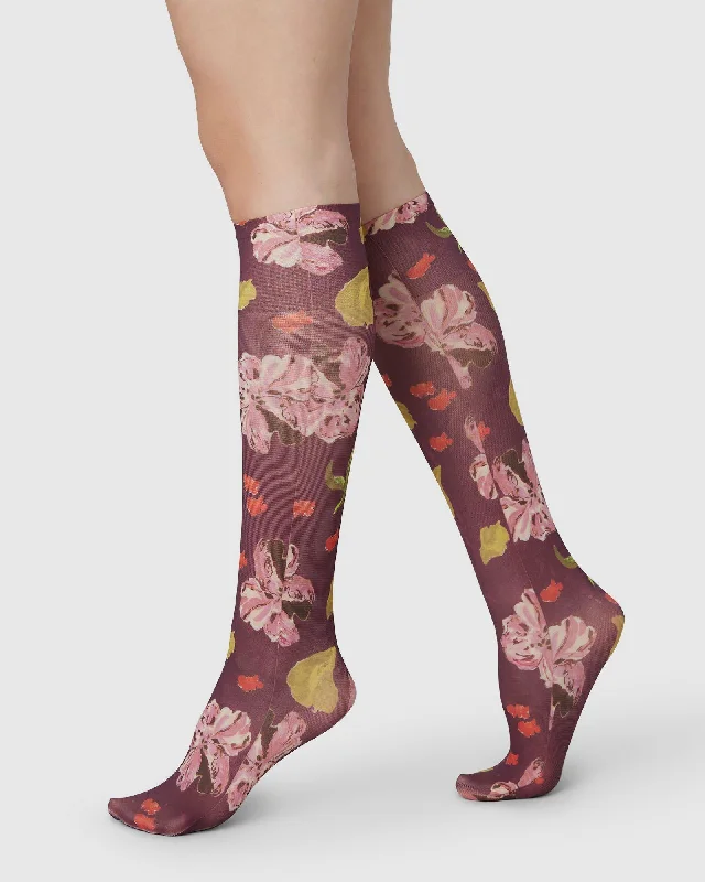 Helen Bullock Floral Knee Highs - Red Maroon